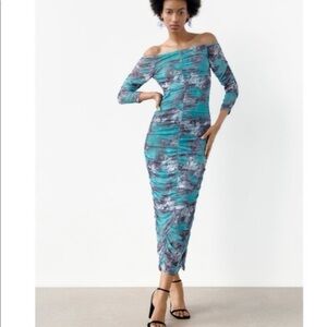 Zara Tulle Ruched Off Shoulder Bodycon Maxi Dress XS